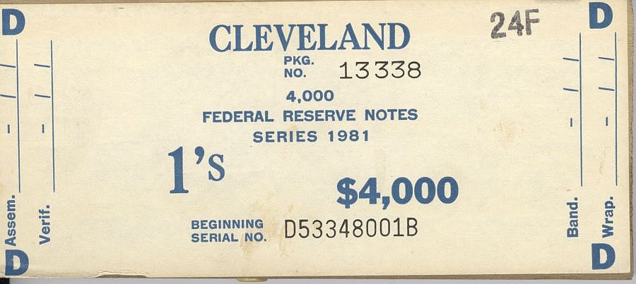 Fr.1911-D, BEP $4,000 Brick Packaging Label, 1981 Cleveland $1 FRNs, D-B Block